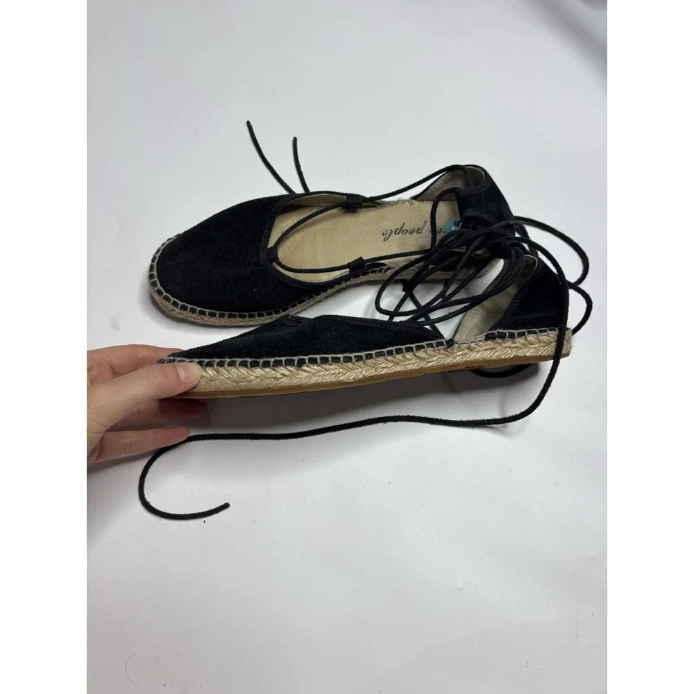 Free People Marina Black Nubuck Espadrille Sandals Round Toe Lace Up Sz EUR 38